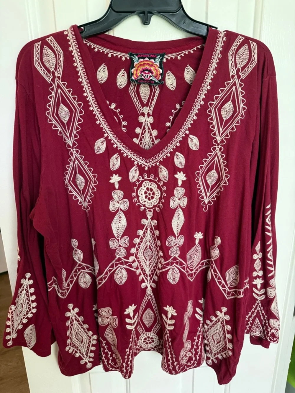 Embroidered V-Neck Women’s Top - Burgundy - Picture 1 of 1